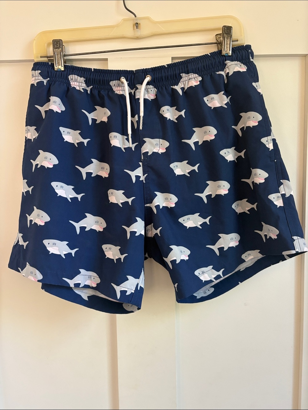 Navy Shark Pattern Swim Trunks with Drawstring